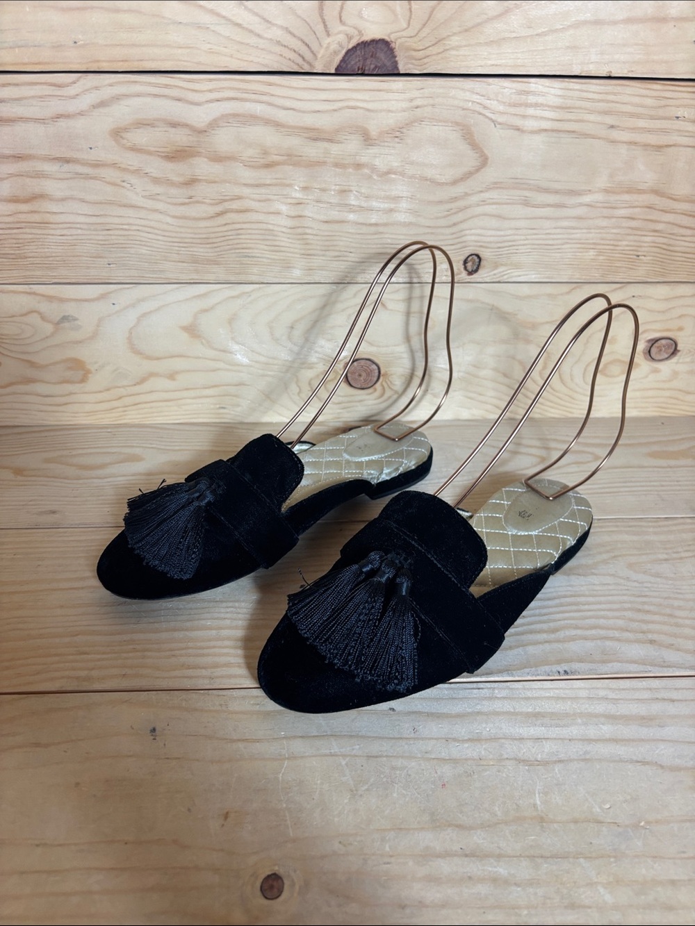 Birdies black velvet tassel mules 8.5